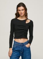Women Black Pepe Jeans Asymmetrical Long Sleeve T-Shirt 60J40405
