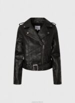 Women Black Pepe Jeans Biker Jacket With Epalules Shoulders 60J40116 - Image 5
