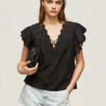 Women Black Pepe Jeans Cotton Blouse With Openwork Details 60J40336