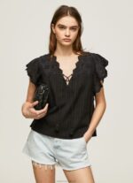 Women Black Pepe Jeans Cotton Blouse With Openwork Details 60J40336