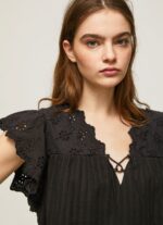 Women Black Pepe Jeans Cotton Blouse With Openwork Details 60J40336 - Image 3
