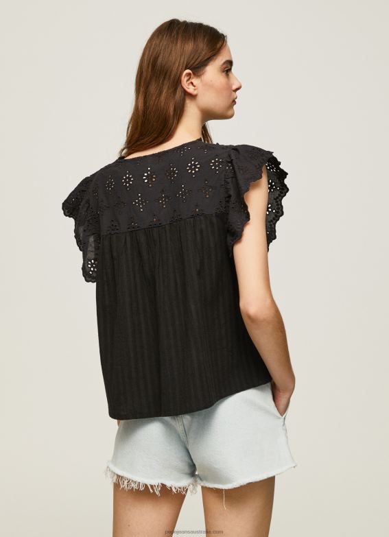 Women Black Pepe Jeans Cotton Blouse With Openwork Details 60J40336 - Image 4