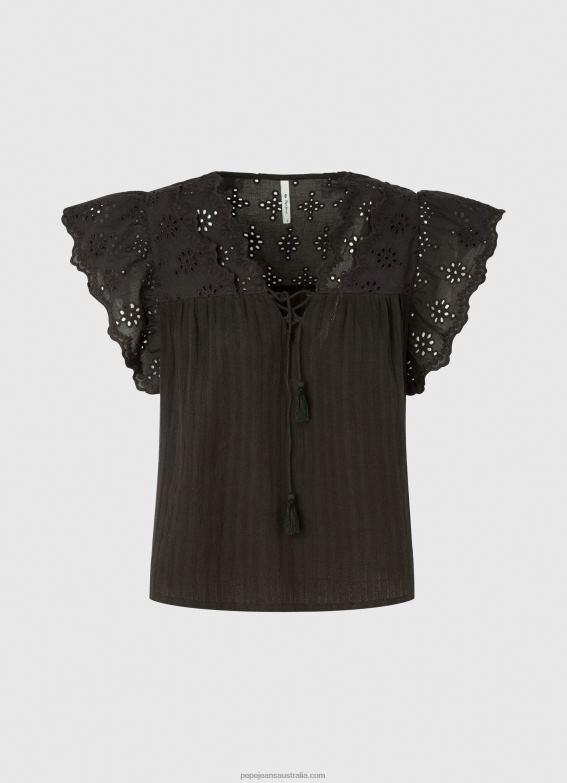 Women Black Pepe Jeans Cotton Blouse With Openwork Details 60J40336 - Image 5