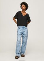 Women Black Pepe Jeans Crepe Top With Frills On Sleeves 60J40365 - Image 2