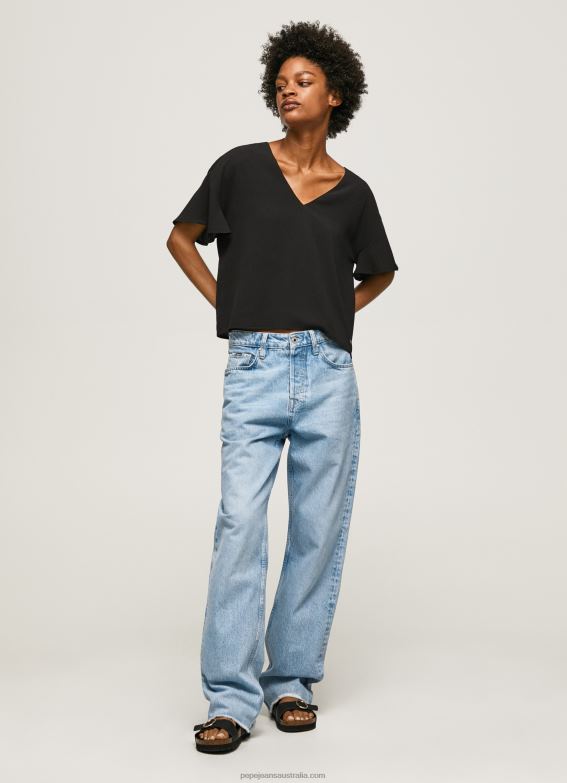 Women Black Pepe Jeans Crepe Top With Frills On Sleeves 60J40365 - Image 2