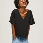 Women Black Pepe Jeans Crepe Top With Frills On Sleeves 60J40365