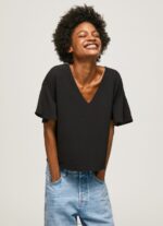 Women Black Pepe Jeans Crepe Top With Frills On Sleeves 60J40365
