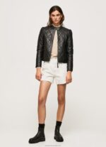 Women Black Pepe Jeans Diamond Design Leather Jacket 60J40140 - Image 2