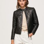 Women Black Pepe Jeans Diamond Design Leather Jacket 60J40140