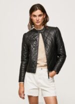 Women Black Pepe Jeans Diamond Design Leather Jacket 60J40140