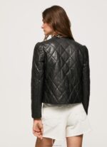 Women Black Pepe Jeans Diamond Design Leather Jacket 60J40140 - Image 4
