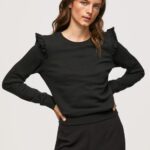Women Black Pepe Jeans Frilled Cotton Jumper 60J40283