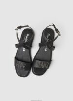 Women Black Pepe Jeans Irma Log Flat Leather Sandals 60J40661 - Image 2