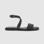 Women Black Pepe Jeans Irma Log Flat Leather Sandals 60J40661