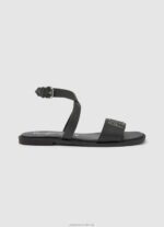Women Black Pepe Jeans Irma Log Flat Leather Sandals 60J40661
