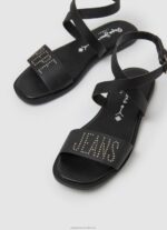 Women Black Pepe Jeans Irma Log Flat Leather Sandals 60J40661 - Image 3