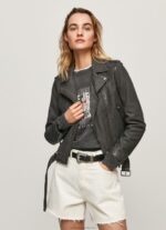 Women Black Pepe Jeans Lamb Leather Biker Jacket 60J40114 - Image 2