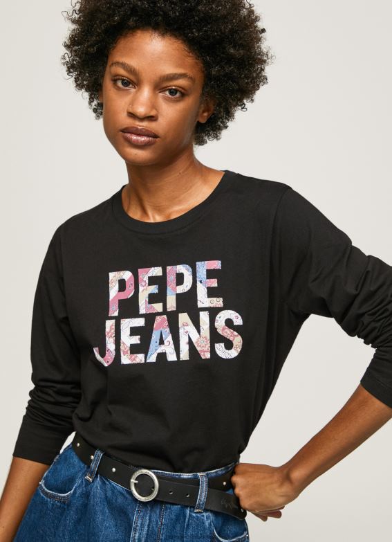 Women Black Pepe Jeans Logo Patched Long Sleeved T-Shirt 60J40426 - Image 1
