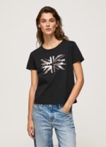 Women Black Pepe Jeans Metallic Logo Cotton T-Shirt 60J40414 - Image 2