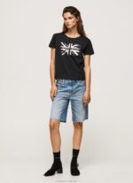 Women Black Pepe Jeans Metallic Logo Cotton T-Shirt 60J40414