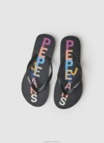 Women Black Pepe Jeans Rake Letters Beach Flip Flops 60J40697 - Image 2