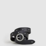 Women Black Pepe Jeans Round Buckle Leather Belt 60J40762