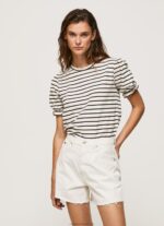 Women Black Pepe Jeans Ruffled-Sleeves Striped T-Shirt 60J40391 - Image 2