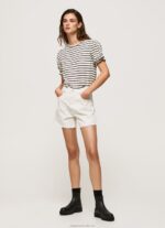 Women Black Pepe Jeans Ruffled-Sleeves Striped T-Shirt 60J40391