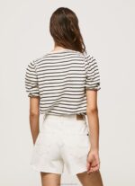 Women Black Pepe Jeans Ruffled-Sleeves Striped T-Shirt 60J40391 - Image 4