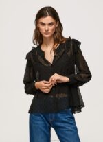Women Black Pepe Jeans Semi-Transparent Plumeti Blouse 60J40328