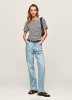 Women Black Pepe Jeans Striped Print T-Shirt 60J40459 - Image 2