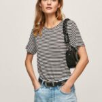 Women Black Pepe Jeans Striped Print T-Shirt 60J40459