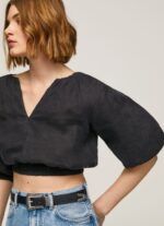 Women Black Pepe Jeans V-Neck Cropped Fit Top 60J40374 - Image 3