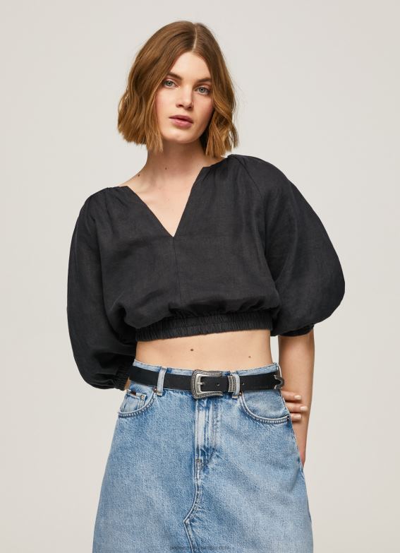 women_black_pepe_jeans_v_neck_cropped_fit_top_60j40374.jpg Women Black Pepe Jeans V-Neck Cropped Fit Top 60J40374 - Image 1