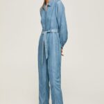 Women Blue Pepe Jeans Long Jumpsuit With Belt Detail 60J40192