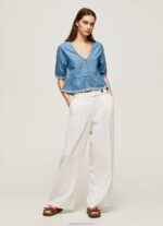 Women Blue Pepe Jeans V-Neck Denim Blouse 60J40369 - Image 2