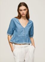 Women Blue Pepe Jeans V-Neck Denim Blouse 60J40369