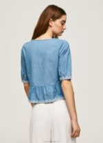 Women Blue Pepe Jeans V-Neck Denim Blouse 60J40369 - Image 4