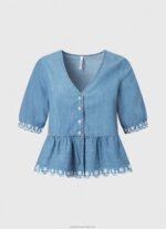 Women Blue Pepe Jeans V-Neck Denim Blouse 60J40369 - Image 5