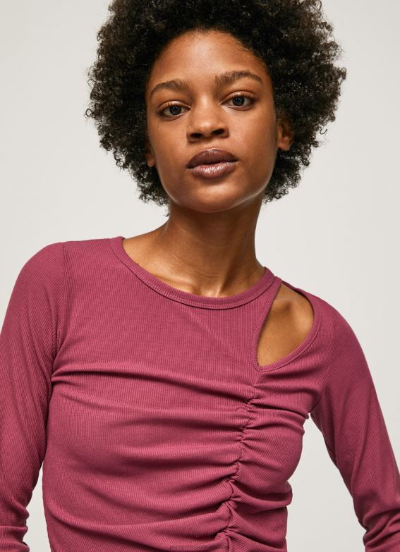 Women Dark Blush Pepe Jeans Asymmetrical Long Sleeve T-Shirt 60J40425 - Image 3