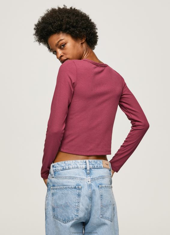 Women Dark Blush Pepe Jeans Asymmetrical Long Sleeve T-Shirt 60J40425 - Image 4