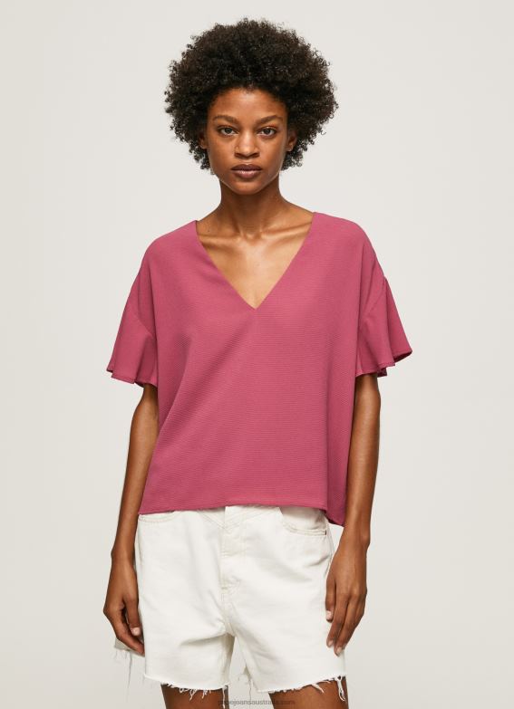 Women Dark Blush Pepe Jeans Crepe Top With Frills On Sleeves 60J40375 - Image 2