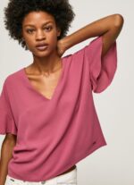 Women Dark Blush Pepe Jeans Crepe Top With Frills On Sleeves 60J40375 - Image 3