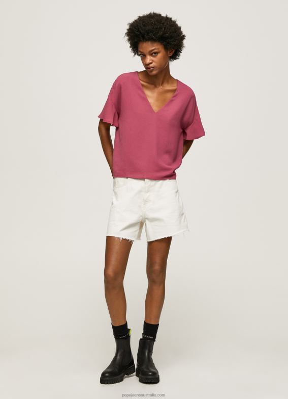 Women Dark Blush Pepe Jeans Crepe Top With Frills On Sleeves 60J40375 - Image 1