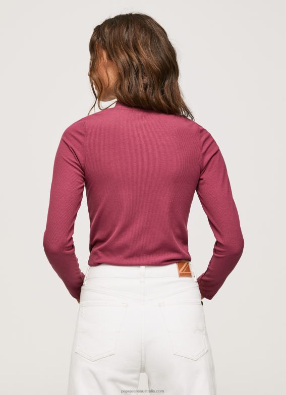 Women Dark Blush Pepe Jeans Ribbed Long Sleeve T-Shirt 60J40393 - Image 3