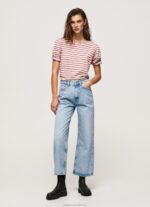 Women Dark Blush Pepe Jeans Ruffled-Sleeves Striped T-Shirt 60J40392 - Image 2