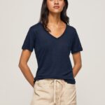Women Dulwich Pepe Jeans Linen V-Neck T-Shirt 60J40467