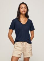 Women Dulwich Pepe Jeans Linen V-Neck T-Shirt 60J40467