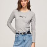Women Grey Marl Pepe Jeans Long-Sleeved Cotton T-Shirt 60J40473