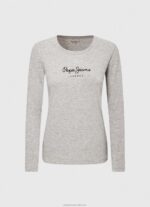 Women Grey Marl Pepe Jeans Long-Sleeved Cotton T-Shirt 60J40473 - Image 5